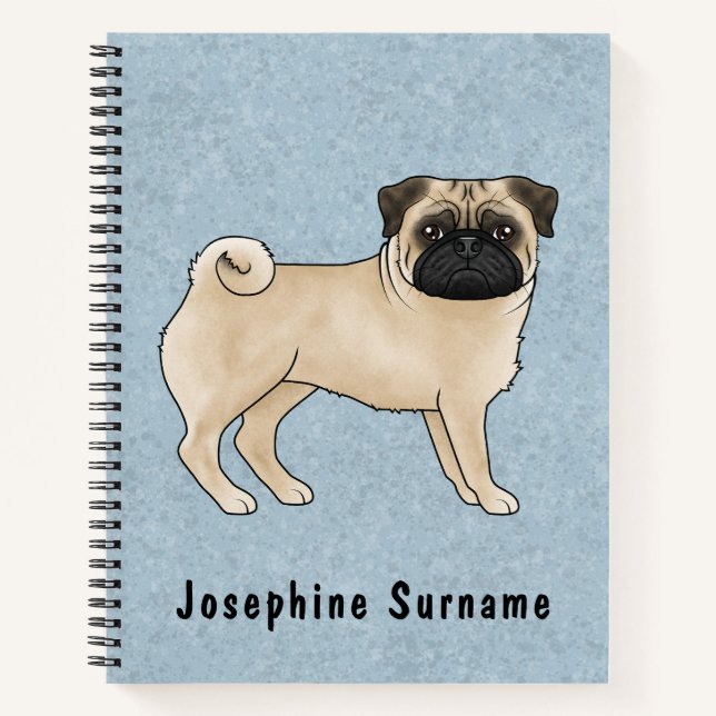 Fawn Pug Dog Canine Cute Cartoon Illustration Blue Notebook (Front)