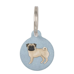Fawn Pug Dog Canine Cute Cartoon Illustration Blue Pet Tag
