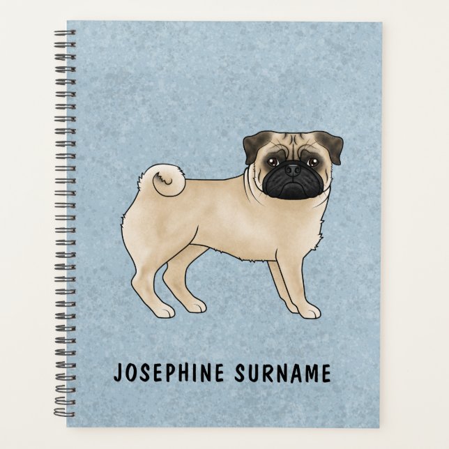 Fawn Pug Dog Canine Cute Cartoon Illustration Blue Planner (Front)