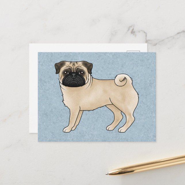 Fawn Pug Dog Canine Cute Cartoon Illustration Blue Postcard (Front/Back In Situ)