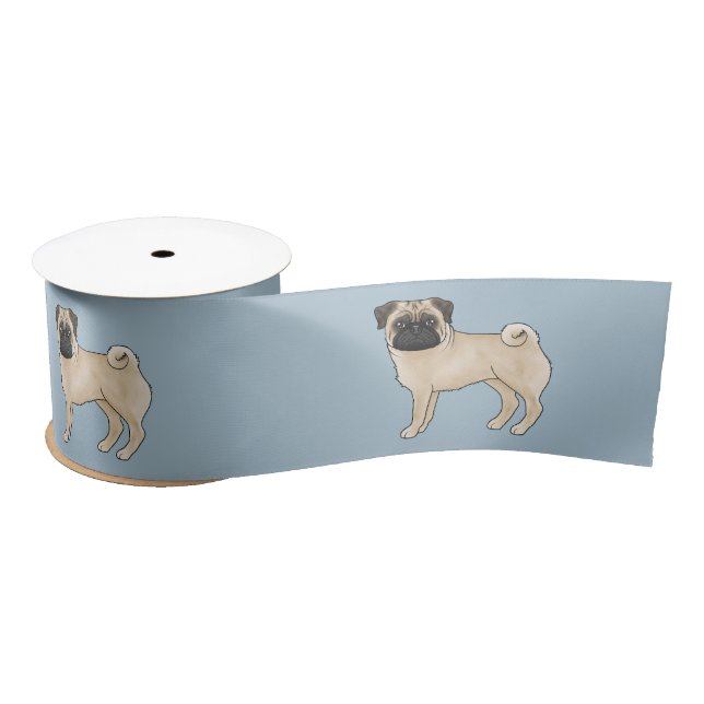 Fawn Pug Dog Canine Cute Cartoon Illustration Blue Satin Ribbon (Spool)