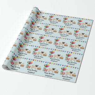 Fawn Pug Dog Cartoon Mops Colourful Happy Birthday Wrapping Paper