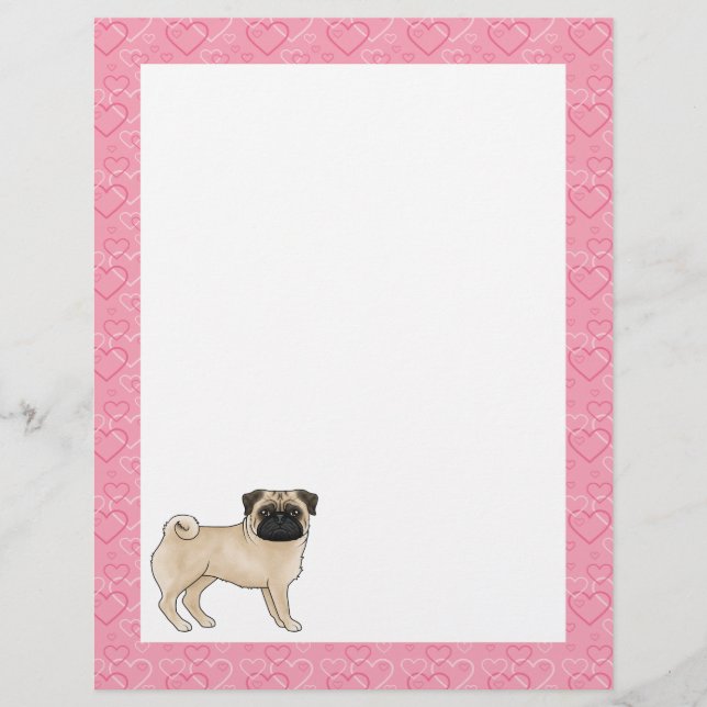 Fawn Pug Dog Cartoon Mops Love Heart Pattern Pink Custom Letterhead (Front)
