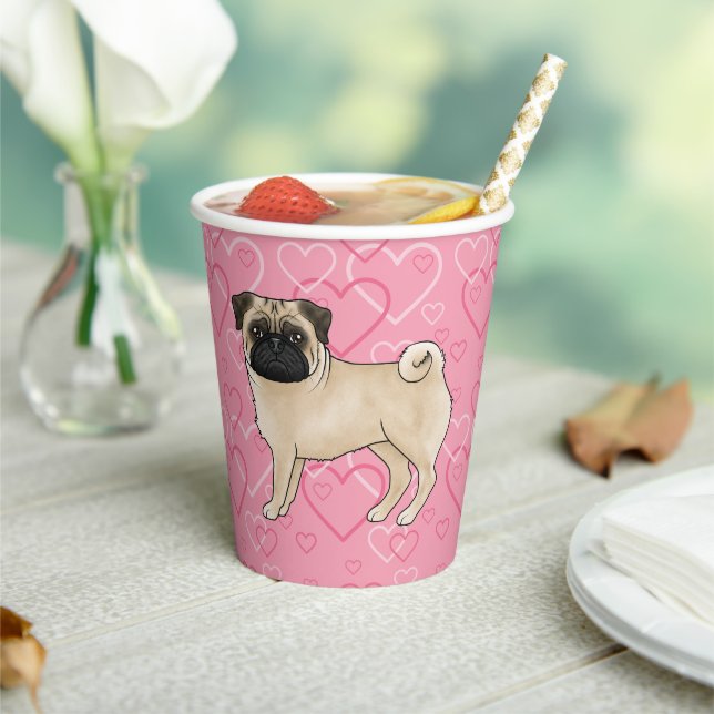 Fawn Pug Dog Cartoon Mops Love Heart Pattern Pink Paper Cups (Insitu)