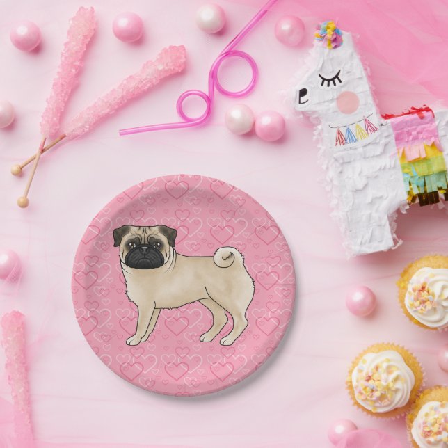 Fawn Pug Dog Cartoon Mops Love Heart Pattern Pink Paper Plate (Party)