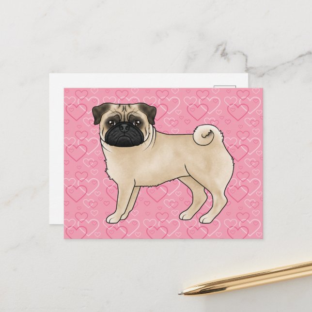 Fawn Pug Dog Cartoon Mops Love Heart Pattern Pink Postcard (Front/Back In Situ)