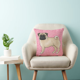Fawn Pug Dog Cartoon Mops Pink Love Heart Pattern Cushion
