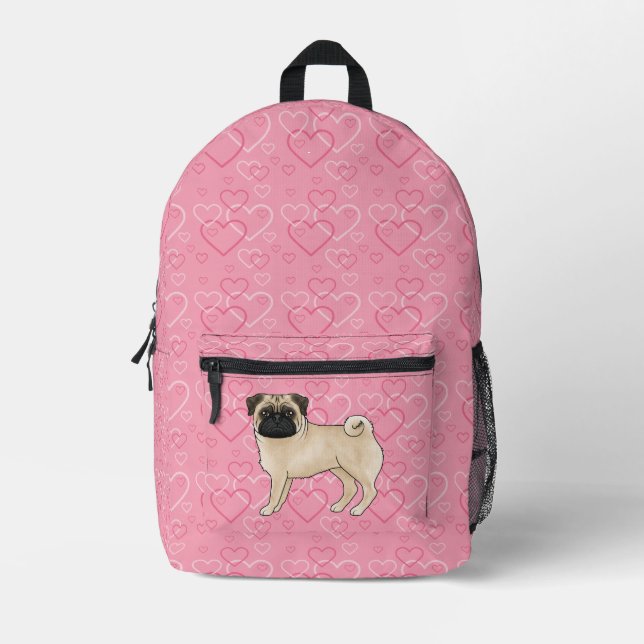 Fawn Pug Dog Cartoon Mops Pink Love Heart Pattern Printed Backpack (Front)