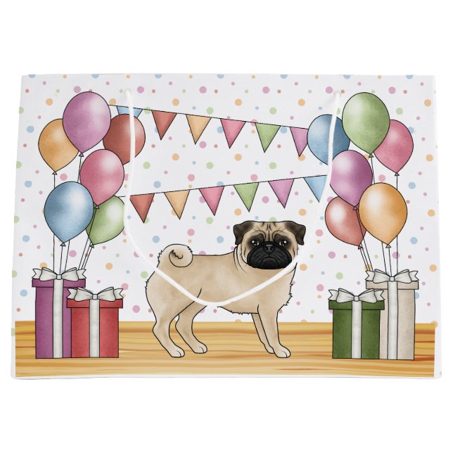 Fawn Pug Dog Colourful Pastel Birthday Balloons Large Gift Bag (Front)