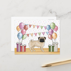 Fawn Pug Dog Colourful Pastel Birthday Balloons Postcard