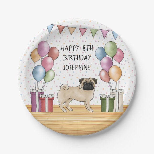 Fawn Pug Dog Colourful Pastels Happy Birthday Paper Plate (Front)
