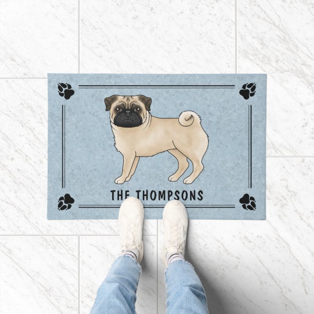 Fawn Pug Dog Cute Cartoon Design With Family Name Doormat (Indoor)