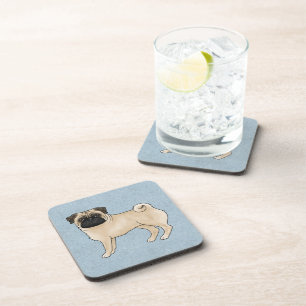 Fawn Pug Dog Cute Cartoon Dog Canine On Blue Coaster