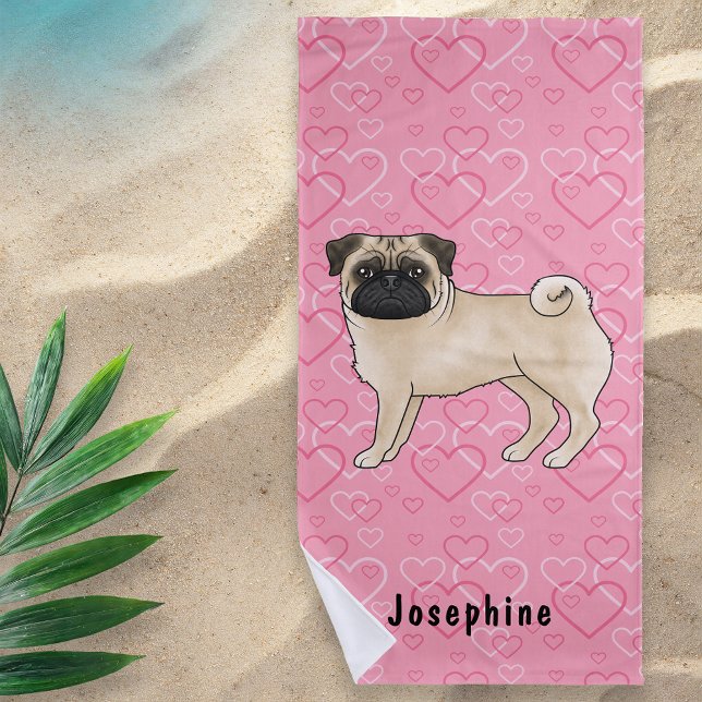 Fawn Pug Dog Cute Mops And Pink Hearts With Name Beach Towel (Creator Uploaded)