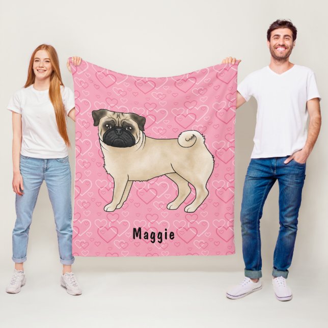 Fawn Pug Dog Cute Mops And Pink Hearts With Name Fleece Blanket (In Situ)