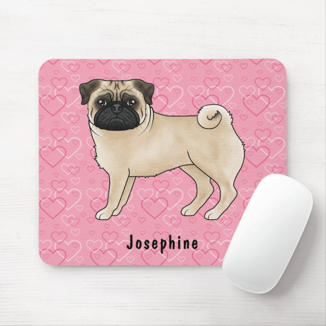 Fawn Pug Dog Cute Mops And Pink Hearts With Name Mouse Mat (With Mouse)
