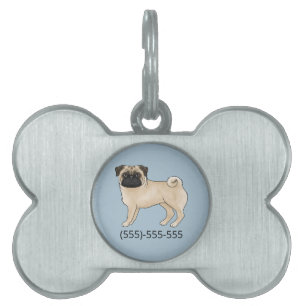Fawn Pug Dog Cute Mops Dog With Phone Number Pet ID Tag