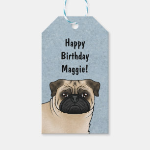 Fawn Pug Dog Head Close-up Happy Birthday Blue Gift Tags