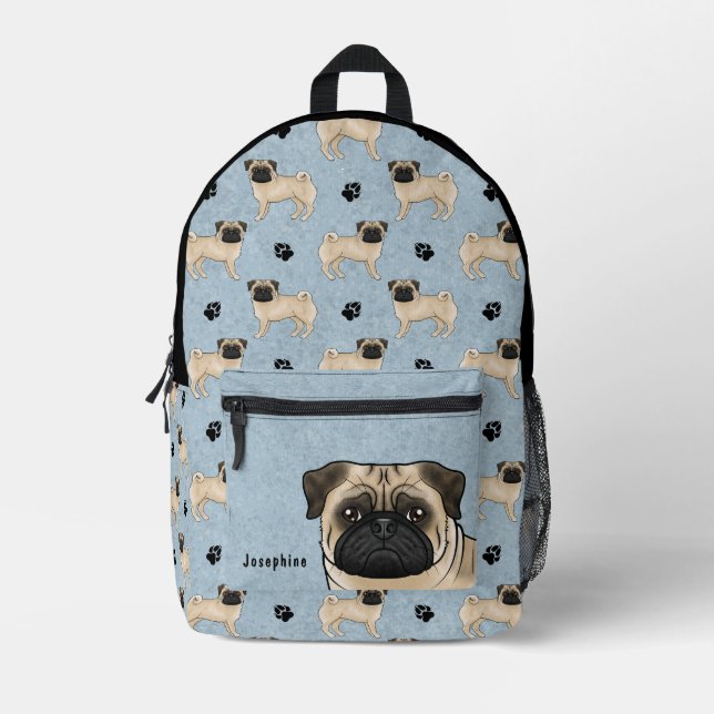 Fawn Pug Dog Mops Design Pattern With Name Blue Printed Backpack (Front)