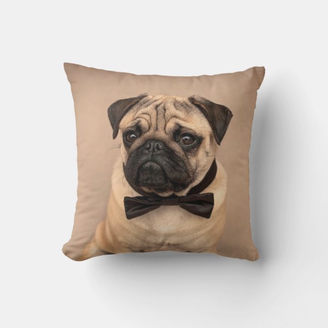 Fawn Pug Dog with Bow Tie Cushion (Front)