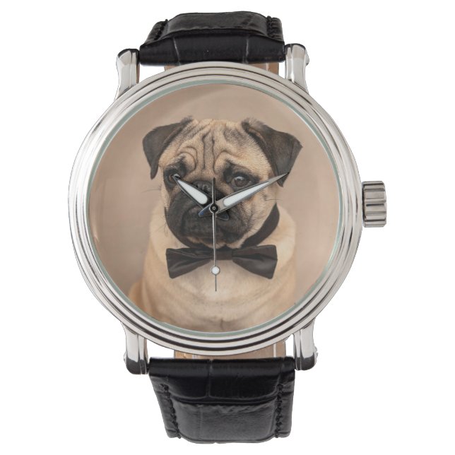 Fawn Pug Dog with Bow Tie. Retro Stylish Clock Watch (Front)