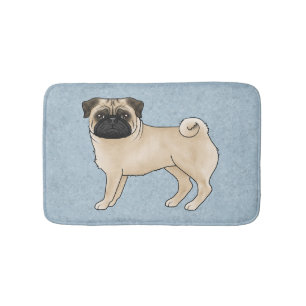 Fawn Pug Mops Breed Dog Cartoon Illustration Blue Bath Mat