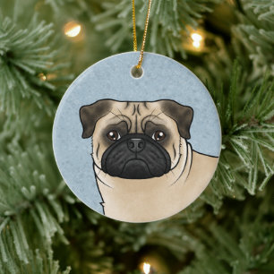 Fawn Pug Mops Dog Breed Design Cute Dog Head Blue Ceramic Tree Decoration
