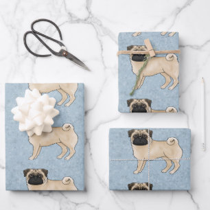 Fawn Pug Mops Dog Breed Design Pattern On Blue Wrapping Paper Sheet