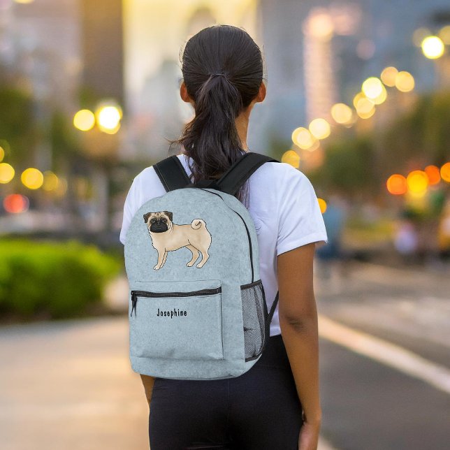 Fawn Pug Mops Dog Breed Design With Custom Text Printed Backpack (Please note: This image is a digital mockup. The product may not be in scale.)