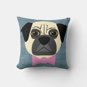 Fawn Pug, Pink Bowtie, Blue Brick Cushion