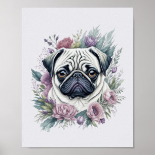 Fawn Pug Watercolor Floral Poster