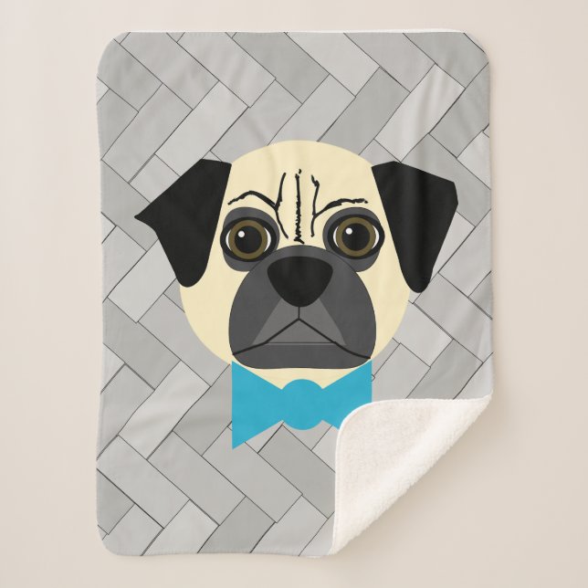 Fawn Pug with bowtie, Herringbone grey  Sherpa Blanket (Front)