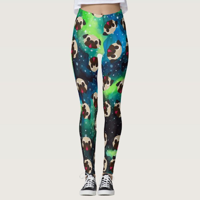 Fawn Pugs on Blue Green Cosmic Background Leggings (Front)
