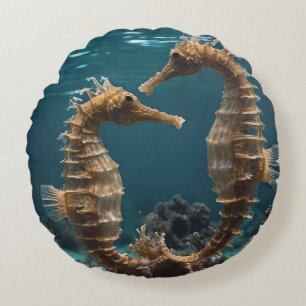 Fawn Romantic Seahorses Under The Ocean, Round Cushion