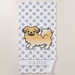 Fawn Sable Tibetan Spaniel Cute Cartoon Dog & Name Beach Towel