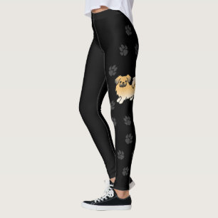 Fawn Sable Tibetan Spaniel Cute Cartoon Dog & Paws Leggings