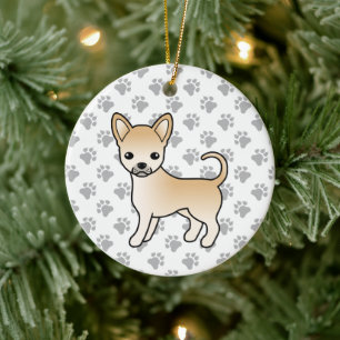 Fawn Smooth Coat Chihuahua Cartoon Dog & Paws Ceramic Tree Decoration