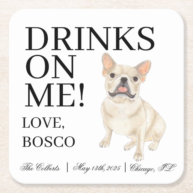 Fawn Tan Cream Frenchie French Bulldog Wedding Square Paper Coaster (Front)