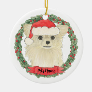 Fawn Tan Cream Long Haired Chihuahua Christmas Ceramic Tree Decoration
