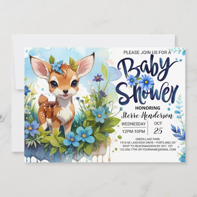 Fawn Theme Blue Baby Shower for Boy Invitation (Front)