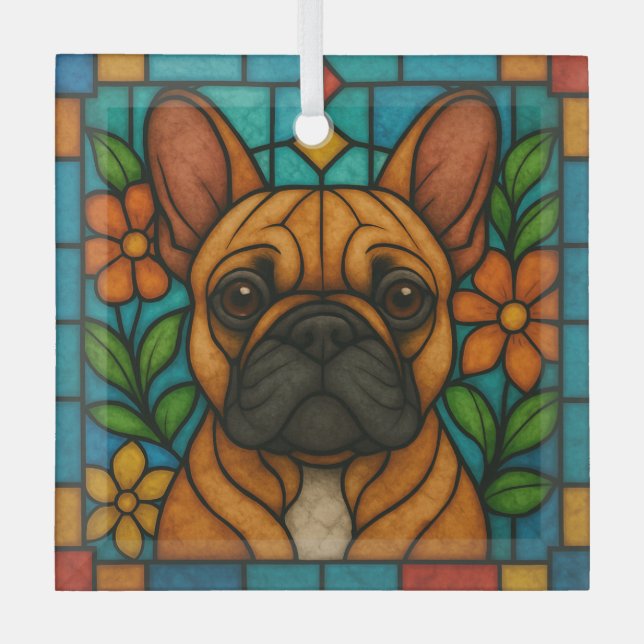 Fawn/White French Bulldog Dog "Stained Glass" Glass Tree Decoration (Front)