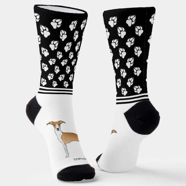 Fawn & White Italian Greyhound With Name And Paws Socks (Angled)