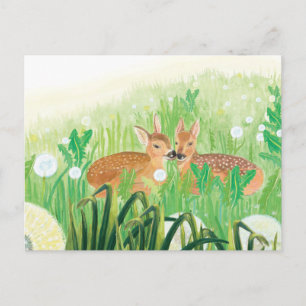Fawns in Tall Grass Illustration Holiday Postcard