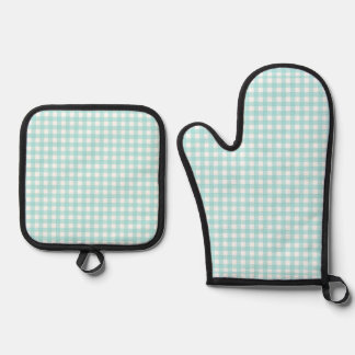 Faye and Lauren Aqua Blue Gingham 1 Oven Mitt & Pot Holder Set