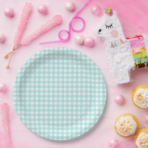 Faye and Lauren Aqua Blue Gingham Paper Plate