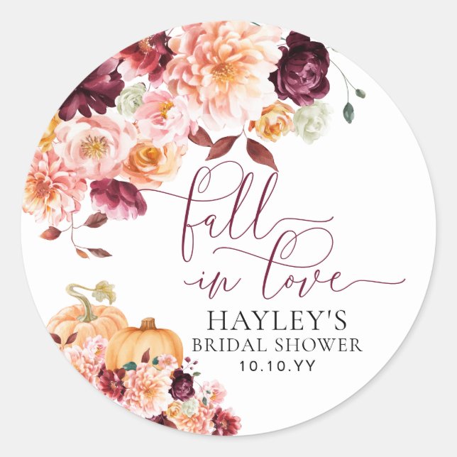 Faye Burgundy Fall In Love Autumn Bridal Shower Classic Round Sticker (Front)