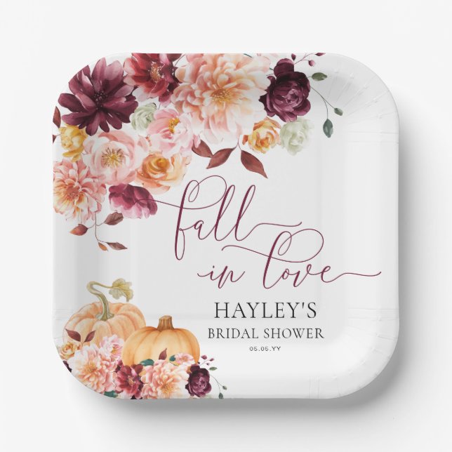 Faye Burgundy Fall In Love Autumn Bridal Shower Paper Plate (Front)