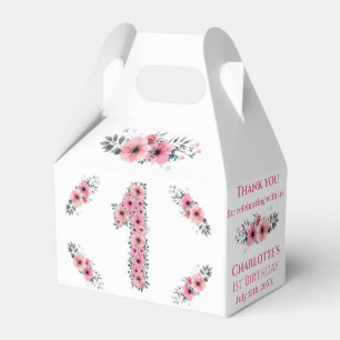 FBig 1st Birthday Girl Green Foliage Pink Flowers Favour Box