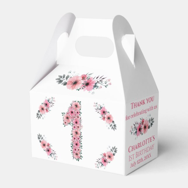 FBig 1st Birthday Girl Green Foliage Pink Flowers Favour Box (Front Side)