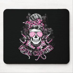 Fck Cancer Skull Messy Bun Pink Breast Cancer Awar Mouse Mat